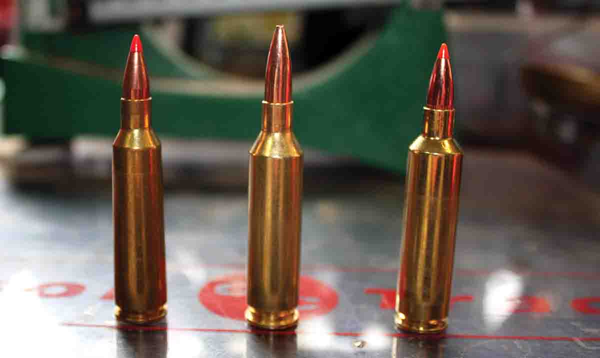 These cartridges include (from left) the .22-250 Remington, .22 Creedmoor and .22-250 Ackley Improved. The wildcat .22 Creedmoor holds half a grain more water than the .22-250 AI and is loaded to higher pressures.